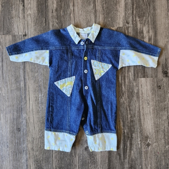 Vintage 90s Hopscotch Denim Baby Romper with Patterned Accents - Picture 1 of 6